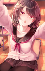 Rule 34 | 1girl, black pantyhose, blurry, blurry background, brown eyes, brown hair, brown skirt, cardigan, chair, classroom, collarbone, commentary, cowboy shot, depth of field, desk, frown, haruka natsuki, head tilt, highres, indoors, looking at viewer, miniskirt, neckerchief, open mouth, original, outstretched arms, pantyhose, pink sweater, pleated skirt, pov, reaching, reaching towards viewer, red neckerchief, school, school chair, school desk, school uniform, serafuku, shadow, short hair, sitting, skirt, solo, sweater, swept bangs, v-shaped eyebrows