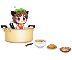 Rule 34 | 1girl, :3, animal ears, bebeneko, bow, bowl, brown eyes, brown hair, cat ears, cat tail, chen, commentary request, dress, drooling, food, gap (touhou), in container, multiple tails, nekomata, plate, pot, red dress, shirt, solo, staring, tail, touhou, two tails