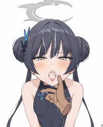 Rule 34 | 1boy, 1girl, bare shoulders, black dress, black hair, blue archive, blush, butterfly hair ornament, cum, cum in mouth, cum on hair, cum on tongue, disembodied hand, double bun, dress, envyvanity, facial, grey eyes, hair bun, hair ornament, halo, kisaki (blue archive), long hair, open mouth, simple background, solo focus, teeth, tongue, tongue out, twintails, upper body, upper teeth only, white background