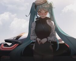 Rule 34 | 1girl, black dress, black thighhighs, blue hair, blush, cloud, cloudy sky, drecantya, dress, goddess of victory: nikke, jacket, jewelry, light blue hair, long hair, necklace, official alternate costume, open mouth, outd, pencil skirt, privaty (government grunt) (nikke), privaty (nikke), shirt tucked in, sitting on car, skirt, sky, solo, thighhighs, twintails, very long hair, wavy mouth, white jacket, yellow eyes
