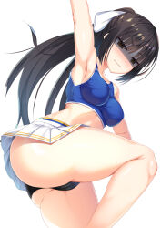 Rule 34 | 1girl, :|, angry, aria (koiiroharemoyou), arm up, armpits, ass, black hair, black panties, blue sports bra, blush, bow, breasts, cafe stella to shinigami no chou, cameltoe, cheerleader, closed mouth, crop top, curvy, from below, frown, full-face blush, hair bow, half-closed eyes, highres, large breasts, leg up, legs, long hair, looking down, midriff, miniskirt, mole, mole under eye, panties, pleated skirt, ponytail, shaded face, shiki natsume, sideboob, sidelocks, simple background, skirt, solo, sports bra, sportswear, standing, straight hair, sweat, thighs, underwear, v-shaped eyebrows, very long hair, white background, white bow, white skirt, yellow eyes, yuzu-soft