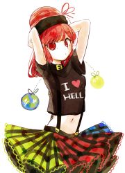 Rule 34 | 1girl, arms behind back, black shirt, black sleeves, blue skirt, closed mouth, clothes writing, earth (ornament), eyes visible through hair, green skirt, hair between eyes, heart, heart print, hecatia lapislazuli, highres, looking at viewer, medium hair, moon (ornament), multicolored clothes, multicolored skirt, red eyes, red hair, red skirt, shirt, short sleeves, simple background, skirt, solo, t-shirt, tama (hiroshige 36), touhou, white background