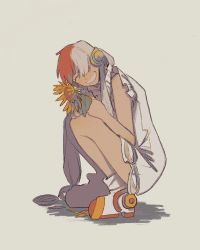Rule 34 | 1girl, artist request, bare legs, closed eyes, dress, flower, full body, grin, headphones, highres, long hair, multicolored hair, one piece, one piece film: red, smile, solo, squatting, sunflower, two-tone hair, uta (one piece), very long hair, white background, white dress