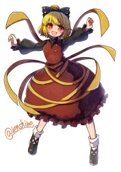 Rule 34 | 1girl, absurdres, black bow, black footwear, blonde hair, blush, bow, brown dress, commentary, dress, full body, hair bow, highres, kurodani yamame, long sleeves, looking at viewer, one-hour drawing challenge, open mouth, renshirenji, short hair, simple background, socks, solo, touhou, twitter username, white background, white socks