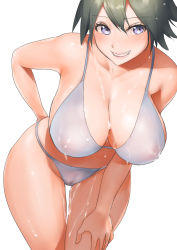 Rule 34 | 1girl, bare shoulders, bent over, bikini, breasts, cleavage, commentary request, cowboy shot, green hair, grin, hand on own knee, highres, large breasts, leaning forward, looking at viewer, original, purple eyes, riichi (rouchi), short hair, smile, solo, standing, swimsuit, wet, white background