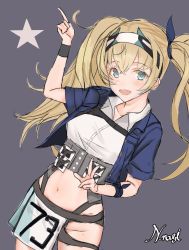 Rule 34 | 1girl, belt, blonde hair, blue eyes, breast pocket, breasts, collared shirt, cowboy shot, flight deck, gambier bay (kancolle), gambier bay mk ii (kancolle), grey background, hairband, half-skirt, highres, kantai collection, large breasts, machinery, nagisa nagi, navel, open collar, open mouth, outstretched arm, pocket, shirt, smile, solo, thighhighs, twintails, unfinished, white thighhighs, wristband