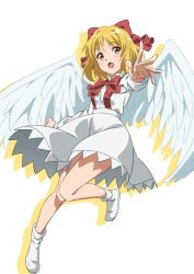 Rule 34 | 1girl, :o, angel wings, blonde hair, bow, bowtie, feathered wings, frilled skirt, frills, full body, gengetsu (touhou), gyouza (mhea5724), hair bow, highres, long sleeves, medium hair, open mouth, outstretched arm, red bow, red bowtie, shirt, simple background, skirt, sleeve cuffs, solo, suspender skirt, suspenders, touhou, touhou (pc-98), white background, white footwear, white shirt, white skirt, white wings, wings, yellow eyes