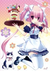 Rule 34 | 1girl, absurdres, asamiya kana, bird, cat, chick, chicken, double bun, eco, food, garter straps, hair ribbon, highres, ice cream, lace, lace-trimmed legwear, lace trim, long hair, maid, pink eyes, pink hair, princess party, ribbon, shoes, solo, sundae, thighhighs, tray, twintails, waitress