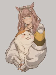 Rule 34 | 1girl, animal, animal ears, blue eyes, cat, cat ears, closed mouth, fat cat (ff14), final fantasy, final fantasy xiv, grey background, hair ribbon, highres, holding, holding animal, holding cat, hood, hoodie, jewelry, long hair, looking at viewer, miqo&#039;te, necklace, patchwork clothes, pink hair, ribbon, solo, udongo99, upper body, warrior of light (ff14), white hoodie, wide sleeves