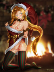 Rule 34 | 1girl, 6+girls, absurdres, ambitious elf jinx, armlet, blonde hair, blue eyes, blurry, blush, body writing, bow, breasts, choker, christmas, christmas ornaments, cleft of venus, clothes lift, clothes pull, depth of field, dress, dress lift, dress pull, facing viewer, fire, fireplace, flashing, full body, green thighhighs, grin, hat, highres, indoors, jinx (league of legends), league of legends, legs, lifting own clothes, long hair, long pointy ears, looking at viewer, medium breasts, multiple girls, nipples, no bra, no panties, no shoes, pointy ears, pulling own clothes, pussy, red choker, red thighhighs, ribbon, running bond, santa dress, santa hat, short dress, skindentation, skinny, small nipples, smile, solo, strapless, strapless dress, striped clothes, striped thighhighs, sweat, thighhighs, two-tone legwear, vertical-striped clothes, vertical-striped thighhighs, very long hair