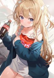 Rule 34 | 1girl, bag of chips, bare shoulders, blue jacket, blurry, blurry background, blush, bottle, bow, breasts, closed mouth, cola, collarbone, commentary request, depth of field, dress, hair bow, hair intakes, highres, holding, holding bottle, jacket, kanda done, light brown hair, long hair, long sleeves, looking at viewer, medium breasts, hugging object, off shoulder, open clothes, open jacket, original, purple eyes, sitting, sleeveless, sleeveless dress, soda bottle, solo, sweat, two side up, very long hair, white bow, white dress