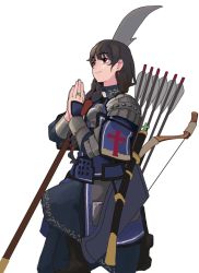 Rule 34 | 1girl, armor, arrow (projectile), bad id, bad twitter id, bow (weapon), braid, braided ponytail, brown eyes, brown hair, chinese armor, closed mouth, earrings, guan dao, highres, jewelry, long hair, original, own hands together, polearm, praying, quiver, ring, sheath, sheathed, simple background, smile, solo, sword, wani (perfect han), weapon, white background