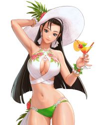 Rule 34 | 1girl, absurdres, arm up, artist request, bare shoulders, bikini, black hair, bracelet, breasts, cleavage, closed mouth, collarbone, cup, drink, earrings, floral print, food, fruit, grey eyes, hairband, hat, highres, holding, jewelry, kagura chizuru, large breasts, lips, long hair, looking at viewer, navel, official art, orange (fruit), orange slice, pearl bracelet, shiny skin, simple background, smile, solo, stomach, sun hat, swimsuit, the king of fighters, the king of fighters all-stars, thighs, white background