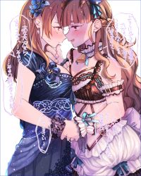 Rule 34 | 2girls, amane (7783), armband, bell, blunt bangs, blush, braid, breast press, breasts, brown eyes, brown hair, choker, dress, earrings, eye contact, fake horns, hair ornament, hand on another&#039;s chin, highres, hojo karen, holding hands, horns, idolmaster, idolmaster cinderella girls, jewelry, kamiya nao, long hair, looking at another, medium breasts, multiple girls, neck bell, red eyes, simple background, sleeveless, sleeveless dress, smile, speech bubble, symmetrical docking, thick eyebrows, translation request, white background, wrist cuffs, yuri