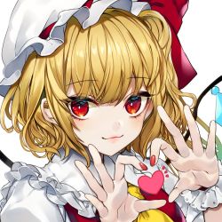 Rule 34 | 1girl, ascot, blonde hair, bow, commentary request, crystal, daimaou ruaeru, ear piercing, flandre scarlet, frilled shirt collar, frills, hands up, hat, hat bow, heart, heart hands, highres, looking at viewer, mob cap, nail polish, one side up, piercing, portrait, red bow, red eyes, red nails, red vest, short hair, sidelocks, simple background, smile, solo, touhou, vest, white background, white hat, wings, wrist cuffs, yellow ascot