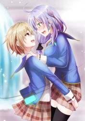 Rule 34 | 2girls, ahoge, black thighhighs, blonde hair, blue jacket, blue sailor collar, blurry, blurry background, blush, breasts, brown skirt, chibinon, commentary request, cowboy shot, embarrassed, eye contact, eyelashes, eyes visible through hair, from side, glasses, green eyes, hair between eyes, hair ornament, hair ribbon, hairclip, hand on own shoulder, heaven burns red, highres, hug, indoors, izumi yuki (heaven burns red), jacket, kayamori ruka, large breasts, light brown hair, light particles, long hair, long sleeves, looking at another, miniskirt, multiple girls, open clothes, open jacket, open mouth, plaid, plaid skirt, red eyes, red ribbon, ribbon, round eyewear, sailor collar, school uniform, short hair, skirt, smile, standing, thighhighs, wide-eyed, zettai ryouiki