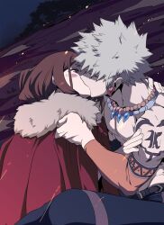 1boy 1girl arm_tattoo bakugou_katsuki belt blonde_hair boku_no_hero_academia brown_eyes brown_hair cape closed_eyes dimples ear_piercing elbow_sleeve fur-trimmed_cape fur_trim hetero highres hill jewelry kiss krumbs_(dailykrumbs) medium_hair muscular muscular_male necklace night official_alternate_costume pants pectorals piercing short_hair spiked_hair tattoo topless_male uraraka_ochako