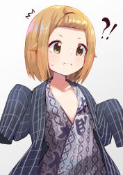 Rule 34 | !?, 1girl, ^^^, absurdres, bangs pinned back, blush, brown eyes, brown hair, collarbone, copyright request, forehead, grey background, hair flaps, hands up, highres, japanese clothes, kimono, kobi (piliheros2000), long sleeves, open clothes, open mouth, short eyebrows, sleeves past fingers, sleeves past wrists, solo, sweat, v-shaped eyebrows