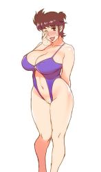 Rule 34 | 1girl, ajiyoshi noriko, bikini, blush, breasts, brown eyes, brown hair, cleavage, covered erect nipples, crotchless, crotchless swimsuit, curvy, female pubic hair, large breasts, lipstick, looking at viewer, makeup, mature female, mister ajikko, motchie, navel, one eye closed, pubic hair, pubic stubble, pussy, red lips, short hair, smile, solo, standing, swimsuit, tagme, thick thighs, thighs, tongue