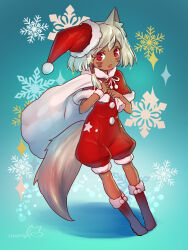 Rule 34 | 1girl, animal ears, aqua background, artist name, black footwear, boots, capelet, christmas, commentary, dark-skinned female, dark skin, facial mark, fang, fox ears, fox tail, fur-trimmed capelet, fur trim, grey hair, hair ornament, hat, highres, holding, holding sack, jumpsuit, looking at viewer, mitake eil, open mouth, original, over shoulder, red capelet, red eyes, red jumpsuit, sack, santa boots, santa costume, santa hat, short hair, short jumpsuit, signature, skin fang, solo, standing, star (symbol), star hair ornament, tail, tilted headwear, wristband