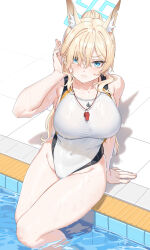 1girl adjusting_hair alternate_costume animal_ears armpit_peek blonde_hair blue_archive blue_eyes blue_halo breasts collarbone competition_swimsuit covered_navel dog_ears embarrassed fangxiang_cuoluan hair_over_one_eye halo high_ponytail highleg highleg_one-piece_swimsuit highres kanna_(blue_archive) kanna_(swimsuit)_(blue_archive) large_breasts leotard light_blush looking_at_viewer messy_hair official_alternate_costume one-piece_swimsuit ponytail pool poolside swimsuit water_drop wet wet_clothes wet_swimsuit