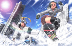 Rule 34 | 3girls, :d, aircraft, airplane, black hair, black thighhighs, blonde hair, blush, brown hair, building, city, cityscape, coat, day, fang, from below, gloves, hase yu, headphones, knee pads, lens flare, long hair, mittens, multiple girls, no panties, open mouth, original, pink eyes, plaid, plaid skirt, ponytail, post-apocalypse, ruins, scarf, short hair, skiing, skirt, sky, skyscraper, smile, snow, snowboard, sparkle, sun, thighhighs, winter clothes, zettai ryouiki