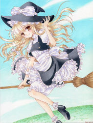 Rule 34 | 1girl, bad id, bad pixiv id, blonde hair, blush, broom, broom riding, brown eyes, female focus, hat, hat tip, kirisame marisa, long hair, nature, outdoors, sky, smile, solo, touhou, traditional media, witch, witch hat, yukiou