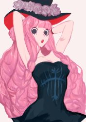 Rule 34 | 1girl, absurdres, armpits, arms behind head, bare arms, bare shoulders, blunt bangs, breasts, chestnut mouth, dress, female focus, highres, lolita fashion, medium breasts, one piece, perona, pink hair, simple background, solo, tareme, teeth, upper body, upper teeth only, white background