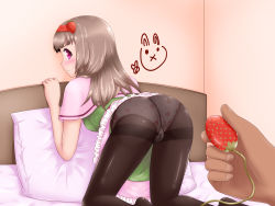 Rule 34 | 1girl, absurdres, all fours, ass, bed, black pantyhose, blush, breasts, brown hair, cameltoe, capelet, clothes lift, cookie (touhou), disembodied hand, dress, dress lift, egg vibrator, female focus, food-themed hair ornament, food print, frills, from behind, green dress, hair ornament, hairband, headband, highres, holding, hone., ichigo (cookie), indoors, long hair, looking at viewer, looking back, on bed, panties, panties under pantyhose, pantyhose, pillow, pink capelet, pink panties, print panties, purple eyes, red hairband, remote control vibrator, sex toy, small breasts, solo, strawberry hair ornament, strawberry panties, strawberry print, sweat, textless version, thighband pantyhose, touhou, underwear, vibrator