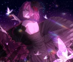 Rule 34 | 1girl, backless dress, backless outfit, bad id, bad twitter id, black hat, bug, butterfly, commentary, dress, elf, from side, hat, hat feather, highres, insect, lucid (maplestory), maplestory, mini hat, mini top hat, mp nino, night, night sky, outdoors, pink hair, pointy ears, sky, solo, top hat
