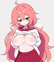 Rule 34 | 1girl, :o, ahoge, aliceyawnin, breasts, breasts out, brown eyes, clothes lift, cum, cum on body, cum on breasts, cum on upper body, empty eyes, hair between eyes, highres, large areolae, large breasts, lifting own clothes, long hair, low twintails, nipples, no bra, open mouth, original, pleated skirt, puffy nipples, red sailor collar, red skirt, sailor collar, school uniform, serafuku, shirt lift, simple background, skirt, solo, standing, stomach, twintails, very long hair, white background