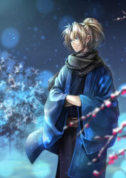 Rule 34 | 1boy, black scarf, blonde hair, blue eyes, blurry, blurry foreground, character request, checkered clothes, checkered scarf, crossed arms, high ponytail, highres, male focus, mizuki1196, night, night sky, official art, outdoors, ponytail, scarf, shikigami no shiro, sky, smile, snowing, standing, wide sleeves