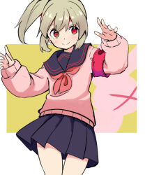 Rule 34 | 1girl, black sailor collar, black skirt, blush, closed mouth, commentary request, cowboy shot, hands up, long sleeves, looking to the side, natori sana, neckerchief, official alternate costume, pink sweater, pleated skirt, ponytail, red eyes, red neckerchief, sailor collar, sana channel, skirt, smile, solo, standing, sweater, virtual youtuber, youasato