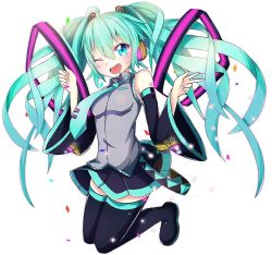 Rule 34 | 1girl, aqua eyes, aqua hair, boots, detached sleeves, full body, hatsune miku, headphones, long hair, necktie, one eye closed, open mouth, skirt, solo, sylphine, thigh boots, thighhighs, twintails, v, very long hair, vocaloid, white background