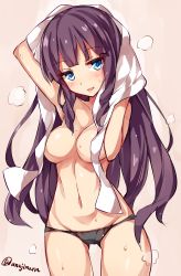 Rule 34 | 10s, 1girl, black panties, blue eyes, blush, breasts, convenient censoring, cowboy shot, long hair, looking at viewer, mole, mole on breast, navel, new game!, open mouth, panties, purple hair, smile, solo, takimoto hifumi, towel, towel over breasts, twitter username, unacchi (nyusankin), underwear, underwear only, very long hair, wet