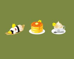 Rule 34 | butter, coffee, cup, english text, food, food focus, green background, no humans, nona drops, onigiri, original, pancake, plate, simple background, smile, spoon, pancake stack, syrup