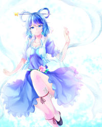 Rule 34 | 1girl, black footwear, blue dress, blue eyes, blue hair, closed mouth, commentary request, dress, flower, hair ornament, hair rings, hairpin, kaku seiga, looking at viewer, nagomian, ofuda, puffy short sleeves, puffy sleeves, red ribbon, ribbon, shawl, shoes, short sleeves, smile, solo, touhou