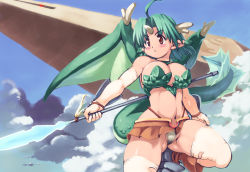 Rule 34 | 1girl, ahoge, bare shoulders, boots, bra, breasts, brown eyes, cleavage, cloud, curvy, day, dragon girl, dragon tail, dragon wings, green bra, green hair, highleg, highleg panties, highres, horns, lance, large breasts, lingerie, microskirt, miniskirt, monster girl, navel, original, panties, pantyshot, pixiv fantasia, pixiv fantasia 4, pointy ears, polearm, revealing clothes, skirt, sky, solo, spear, tail, thighhighs, underwear, weapon, white panties, white thighhighs, wings, yu 3