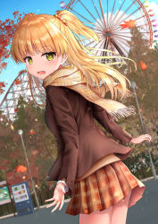 Rule 34 | 1girl, :d, absurdres, autumn leaves, blazer, blonde hair, blue sky, blurry, blurry background, blush, brown jacket, brown scarf, brown skirt, cloud, commentary request, day, depth of field, fangs, ferris wheel, fingernails, fringe trim, green eyes, highres, idolmaster, idolmaster cinderella girls, jacket, jougasaki rika, lamppost, long hair, long sleeves, looking at viewer, looking back, monaka curl, open clothes, open jacket, open mouth, outdoors, plaid, plaid scarf, plaid skirt, pleated skirt, roller coaster, scarf, skirt, sky, smile, solo, sweater vest, two side up, vending machine, very long hair
