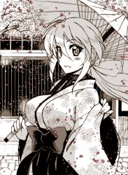 Rule 34 | blush, bow, breasts, eyelashes, hair bow, kusanagi tonbo, large breasts, long hair, looking at viewer, monochrome, oil-paper umbrella, original, outdoors, parted lips, petals, ponytail, solo, traditional clothes, umbrella, wide sleeves, wind