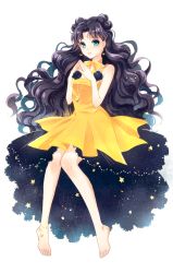 Rule 34 | 1girl, anklet, barefoot, bishoujo senshi sailor moon, black hair, blue eyes, bow, bracelet, crescent, crescent earrings, crescent facial mark, crescent necklace, double bun, earrings, facial mark, full body, hair bun, hair ornament, hairpin, highres, jewelry, long hair, luna (sailor moon), luna (sailor moon) (human), md5 mismatch, necklace, personification, rei (usabiba), simple background, skirt, smile, solo, white background, yellow bow, yellow skirt