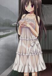 Rule 34 | 1girl, :o, amatsutsumi, bare shoulders, blush, breasts, brown hair, bus stop, covered erect nipples, dress, highres, koku, long hair, medium breasts, nipples, no bra, non-web source, official art, open mouth, oribe kokoro, own hands clasped, own hands together, rain, red eyes, see-through, solo, spaghetti strap, standing, sundress, wet, wet clothes, white dress