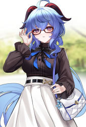 Rule 34 | 1girl, ahoge, alternate costume, bad id, bad twitter id, bag, black bow, black bowtie, black shirt, blue hair, blurry, blurry background, blush, bow, bowtie, breasts, eternity (shadeh), ganyu (china merchants bank) (genshin impact), ganyu (genshin impact), genshin impact, glasses, goat horns, handbag, highres, horns, large breasts, long sleeves, looking at viewer, parted lips, purple eyes, shirt, shirt tucked in, skirt, smile, solo, white skirt