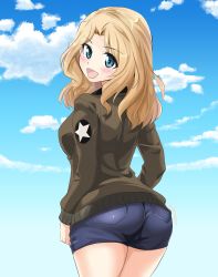 Rule 34 | 1girl, :d, abimaru gup, ass, blonde hair, blue eyes, blue shorts, blue sky, brown jacket, cloud, cloudy sky, commentary, day, denim, denim shorts, emblem, from behind, girls und panzer, hair intakes, highres, jacket, kay (girls und panzer), long hair, long sleeves, looking at viewer, looking back, military, military uniform, one-hour drawing challenge, open mouth, outdoors, saunders military uniform, short shorts, shorts, sky, smile, solo, standing, star (symbol), twitter username, uniform