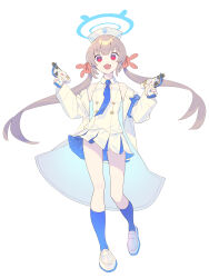 Rule 34 | absurdres, blonde hair, blue archive, blue skirt, blue socks, coat, cosplay, enkyo yuuichirou, fang, gun, hair ornament, halo, hat, highres, holding, holding weapon, jacket, long hair, multicolored clothes, natori sana, necktie, nurse cap, open mouth, rabbit hair ornament, red eyes, sana channel, simple background, skirt, smile, socks, twintails, virtual youtuber, weapon, white background, white skirt