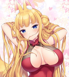 Rule 34 | 1girl, animal ear fluff, animal ears, armpits, arms up, blonde hair, blue eyes, blush, braid, breasts, cleavage, closed mouth, double bun, doughnut hair bun, fox ears, fox tail, hair bun, hair in own mouth, heart, large breasts, lips, long hair, looking at viewer, miyano ururu, original, short eyebrows, smile, solo, tail, upper body, very long hair