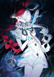 Rule 34 | 1girl, absurdres, angel wings, black wings, braid, breasts, buttons, dress, highres, idol, legs, long hair, microphone, multicolored hair, music, one piece, one piece film: red, open mouth, pink eyes, possessed, red hair, saliva, shirt, singing, skull, solo, twin braids, two-tone hair, umemaro (siona0908), undead, unusually open eyes, uta (one piece), very long hair, white dress, white hair, white shirt, wings, yandere