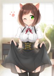 Rule 34 | 1girl, animal ears, black skirt, black thighhighs, blush, breasts, brown hair, buttons, cat ears, cat tail, closed mouth, clothes lift, collared shirt, commentary request, eyes visible through hair, garter straps, green eyes, highres, idolmaster, idolmaster cinderella girls, indoors, kibihimi, lifted by self, looking at viewer, maekawa miku, medium breasts, one eye closed, plant, potted plant, shirt, short hair, short sleeves, skirt, skirt lift, smile, solo, standing, tail, thighhighs, white shirt, window, wrist cuffs