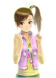 Rule 34 | 10s, 1girl, brown eyes, brown hair, clenched hands, female focus, futami mami, idolmaster, idolmaster (classic), idolmaster 2, side ponytail, simple background, ska, smile, solo, white background