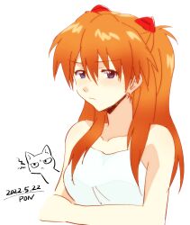 Rule 34 | 1girl, 2022, :/, armpits, artist request, bare arms, bare shoulders, blue eyes, breasts, brown hair, cat, dated, highres, long hair, looking at viewer, medium breasts, neon genesis evangelion, signature, simple background, solo, souryuu asuka langley, tank top, tsundere, white background